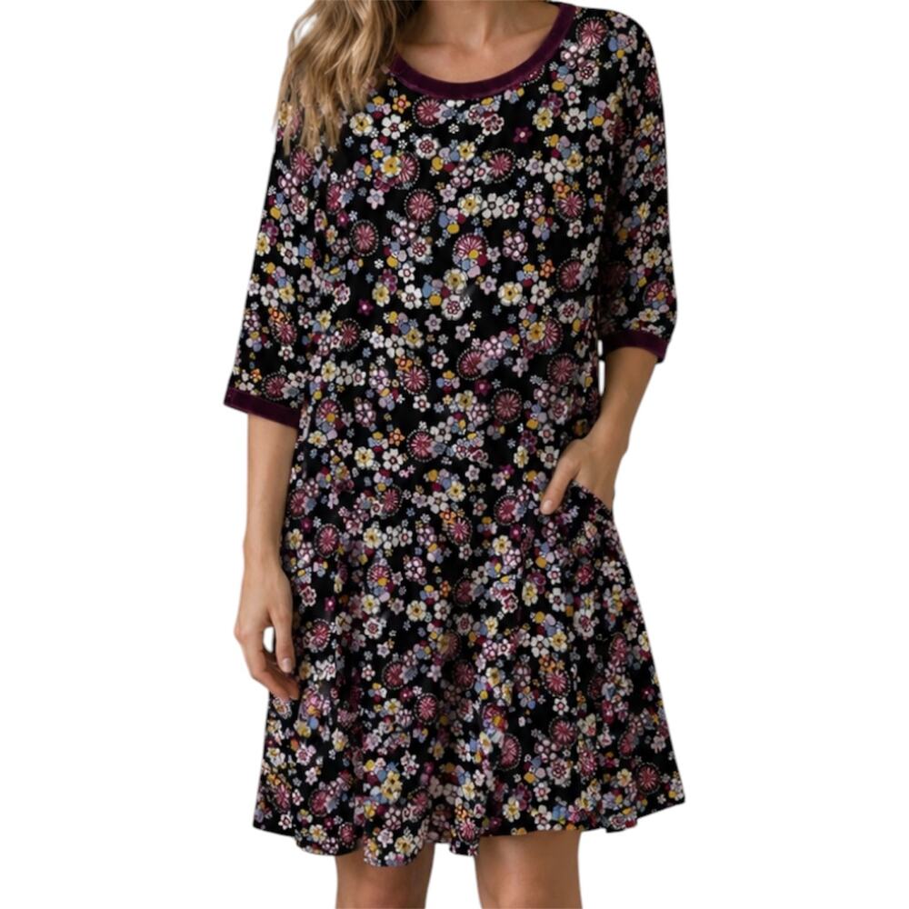 Hanna Andersson Floral Knee Length Dress Velvet Trim Shift Multicolor Small